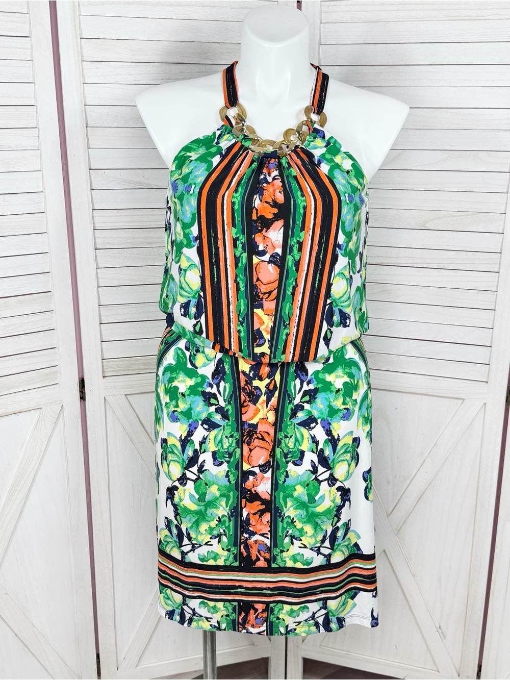 DB Established 1962 Floral Chainlink Halter Neck Dress Green Blue 12 Sleeveless